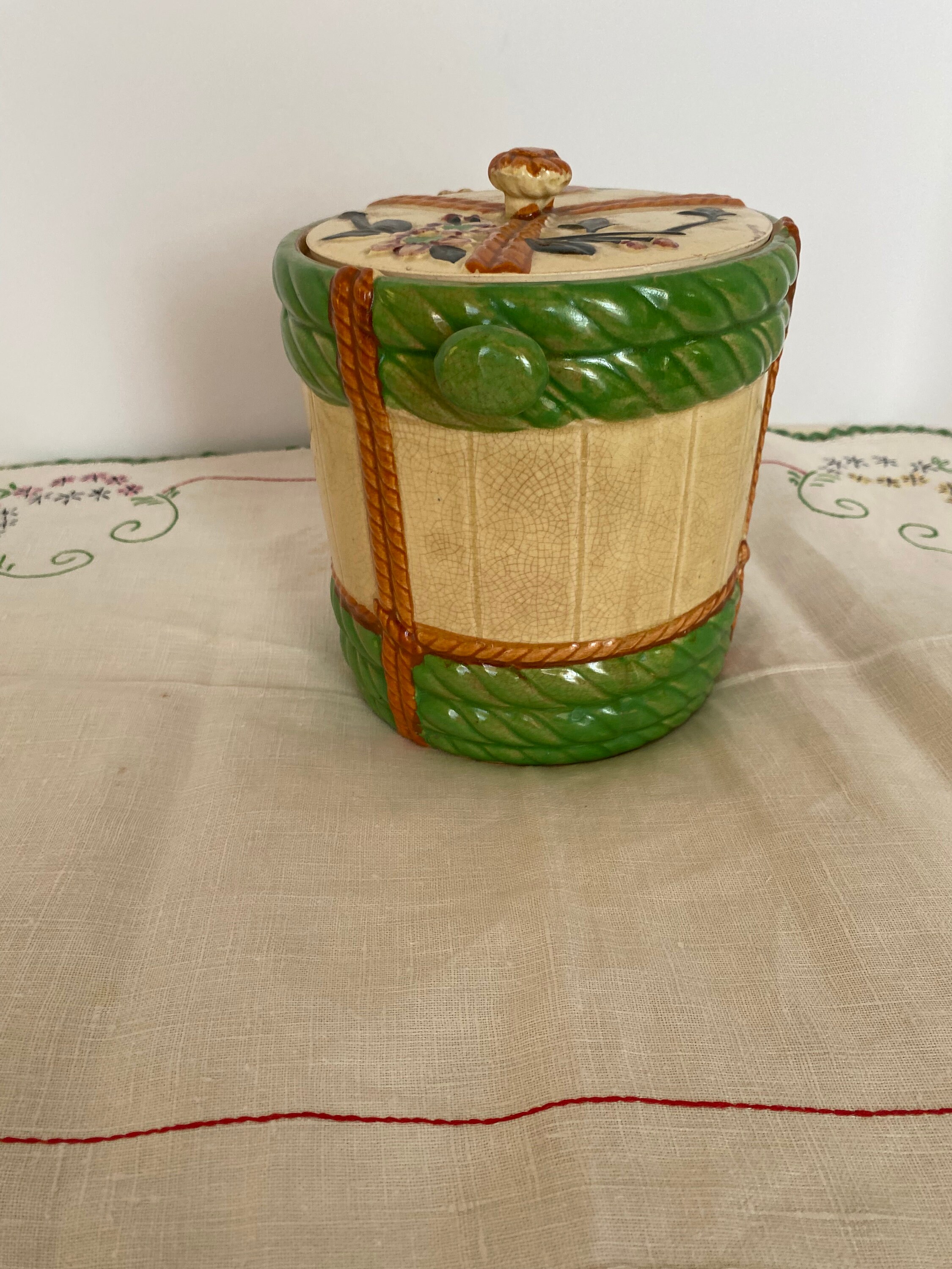 Round Biscuit Barrel Cookie Jar, Made in Japan, 1920's to 1940s