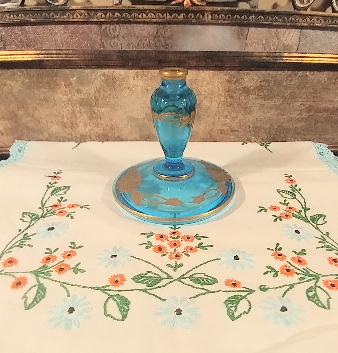 Antique Blue Bohemian Glass Candle Holder With Gold Floral Etsy