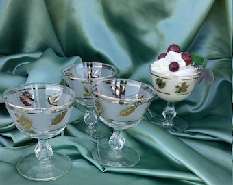 Vintage Libbey Gold Leaf Golden Foliage Champagne Glasses - Set de 4;  Libbey Gold Leaf Champagne Glass, Bar Glassware, 4 Sets Disponibles