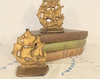 Painted Cast Iron Sailing Ship Bookend Set - Set of Two Matching Bookends; Vintage Bookends, Cast Iron Bookends, Sailing Ship Bookends, Set