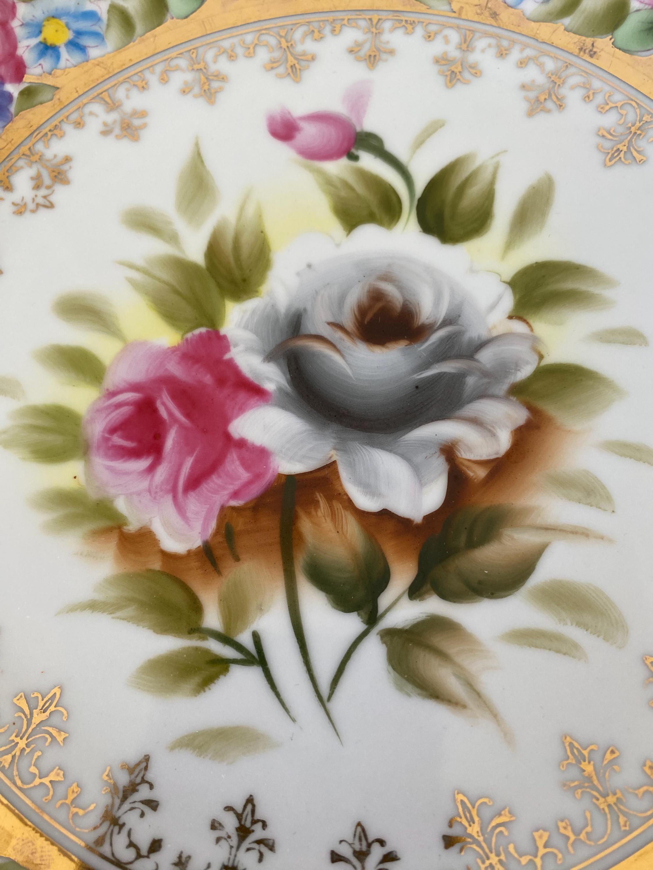 アンティーク プレートハンドペイント　薔薇絵 ヴィンテージ ハンドペイント レフトン ピンクとグレーのバラ ゴールド
