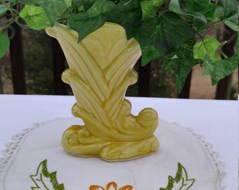 Shawnee Standing Cornucopia Scroll Leaf Vase Planter, Vintage Shawnee Pottery Vase, Vintage Shawnee Pottery Planter, Cheery Yellow Vase