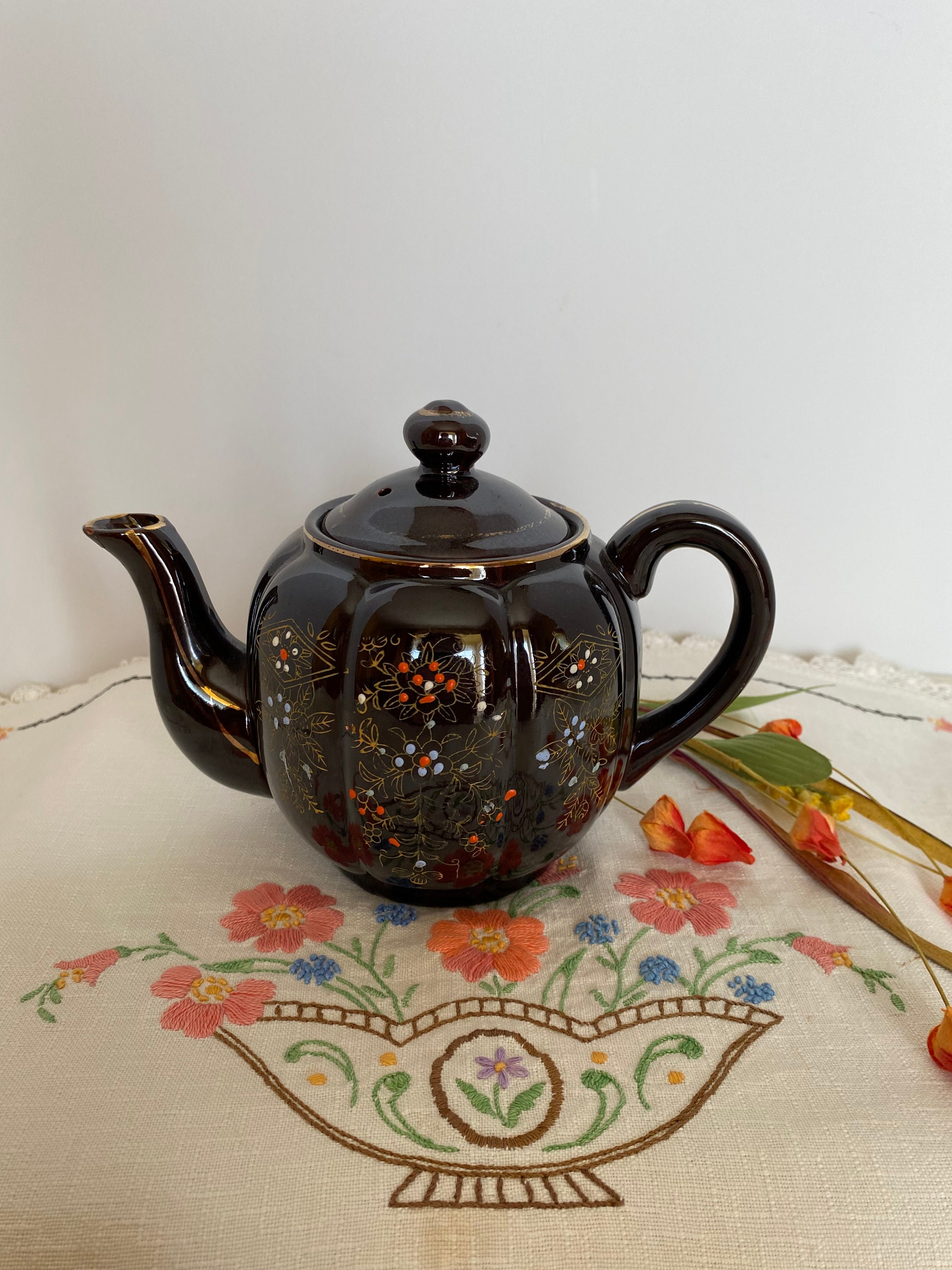 Pumpkin Shaped Redware Brown Betty Teapot With Moriage and Gold