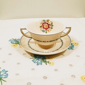 Wedgwood Corinthian Evenlode Pattern Double Handle Cream Soup Bowl with Matching Saucer Underplate - Two Piece Set; Vintage Wedgwood
