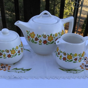 McCoy MCM Patchwork Pattern Tea Set, Full Size Teapot, Creamer, Lidded Sugar Bowl, Vintage McCoy Teapot, Vintage McCoy Tea Set