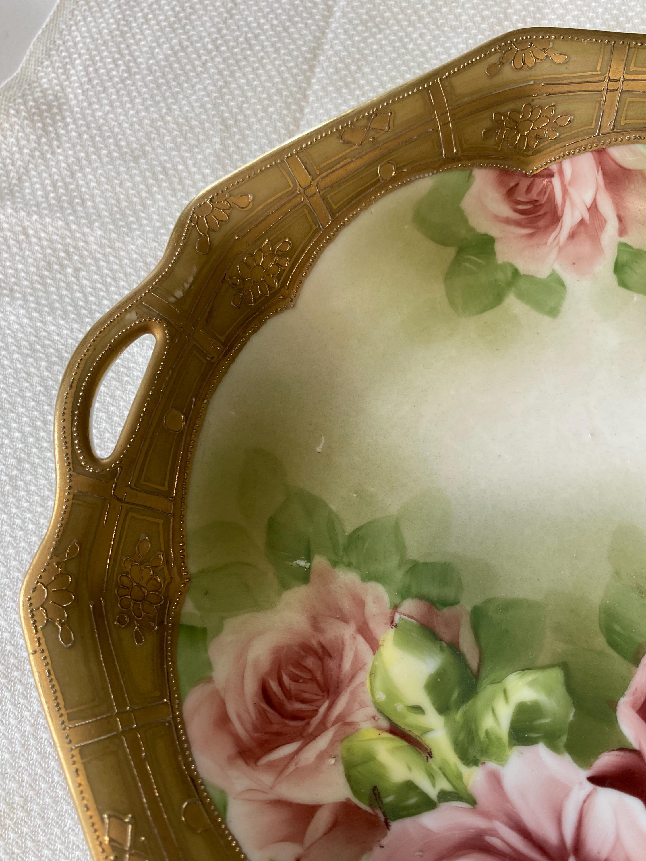 Antique Hand Painted Roses Handled Plate With Gold Trims and