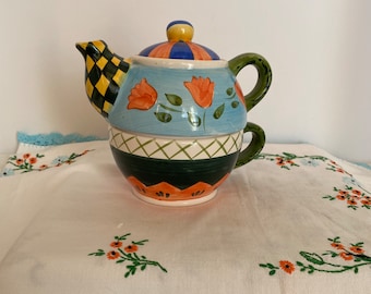 Ensemble de tasses à thé théière empilable Tea For One avec couvercle vintage ; Service à thé vintage, théière personnelle avec base de tasse à thé, théière émaillée à la main