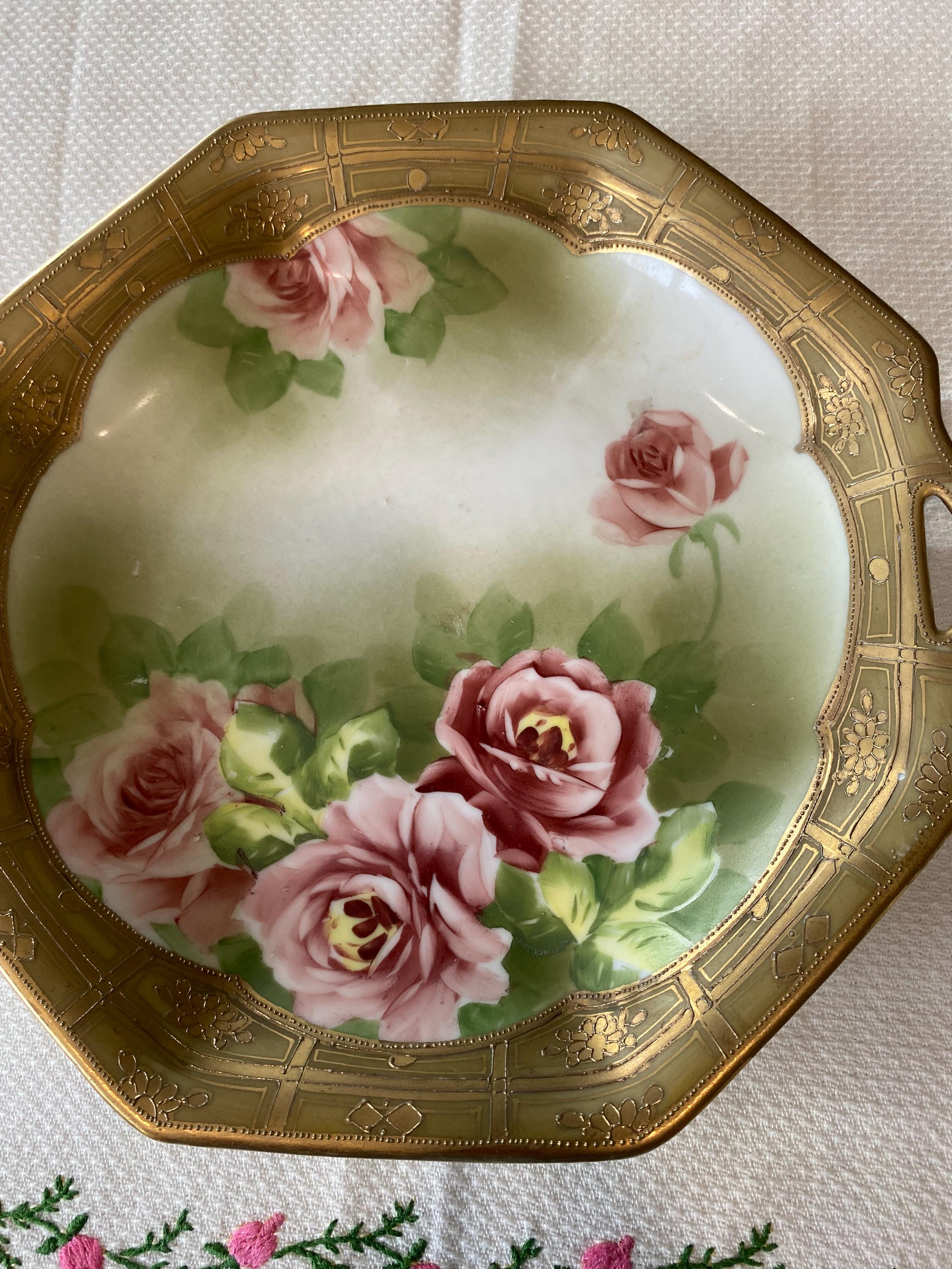 Antique Hand Painted Roses Handled Plate With Gold Trims and
