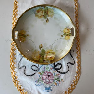 Antique Johann Seltman Bavaria Germany Hand Painted Porcelain Yellow Roses Handled Serving Plate; Antique Serving Plate, Open Handled