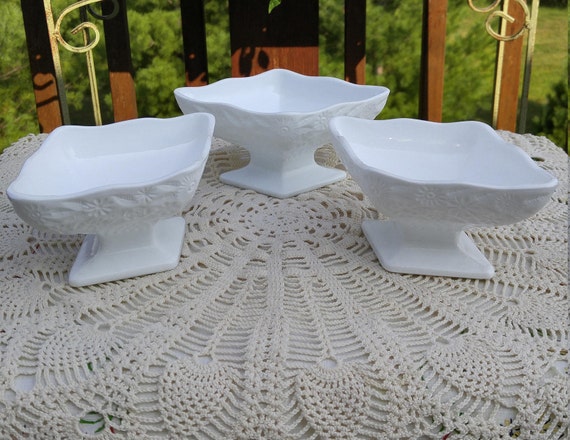 Milk Glass Pedestal Compote - Set of Three; Vintage Milk Glass, Vintage Pedestal Compote, Vintage Pedestal Candy Dish, Milk Glass Planter