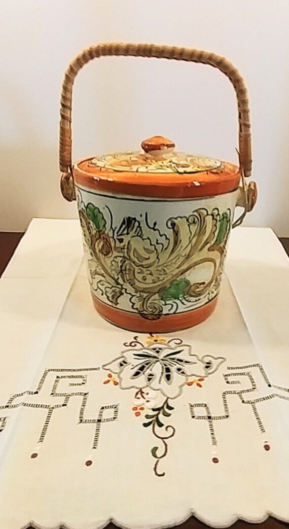 Vintage Japan Biscuit Barrel Cookie Jar With Rattan Handle