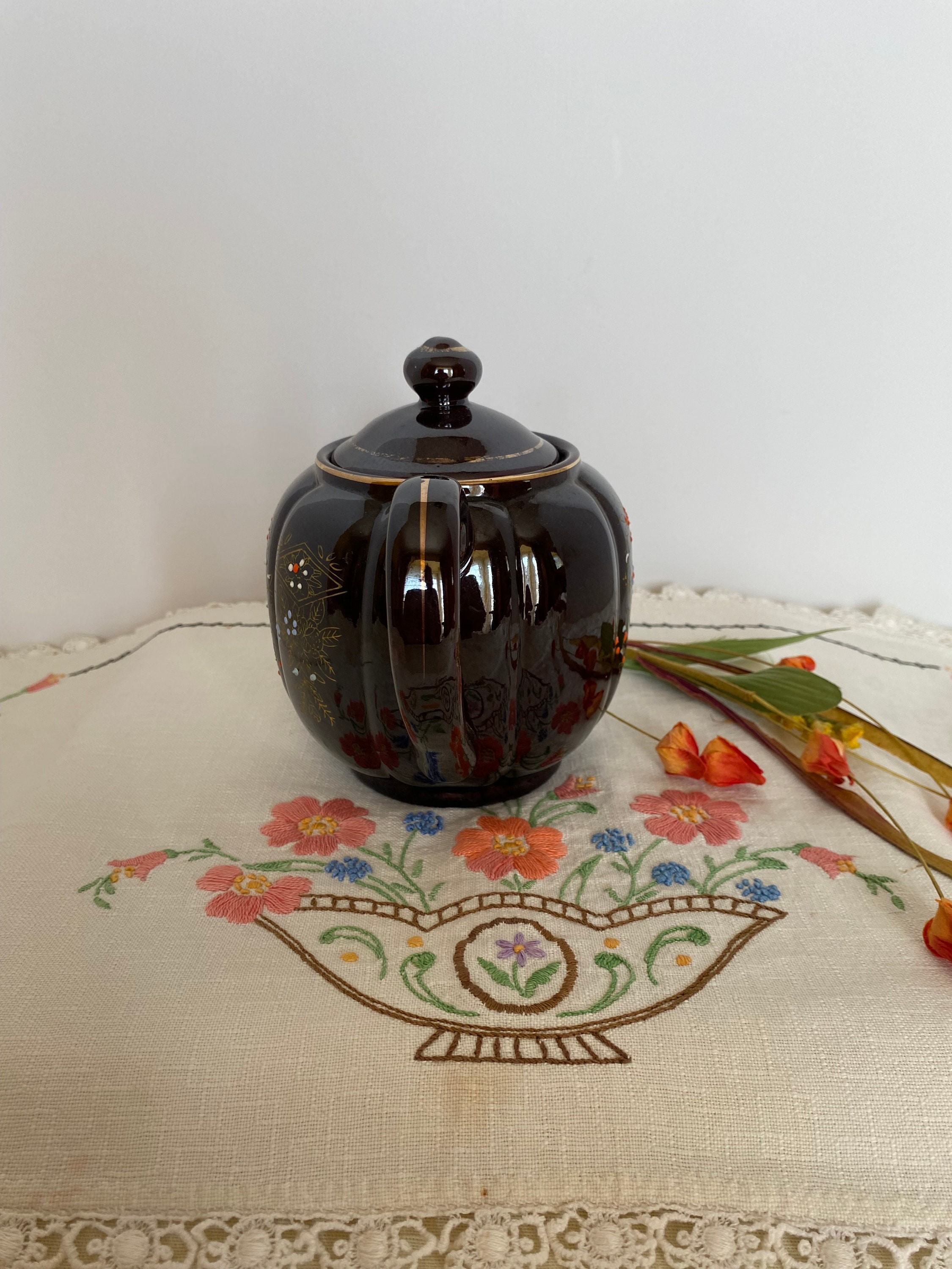 Pumpkin Shaped Redware Brown Betty Teapot With Moriage and Gold
