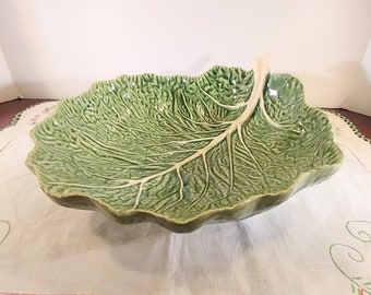 Bordallo Pinheiro Majolica Style Huge Footed Serving Bowl in the Cabbage Green Pattern; Vintage Bordallo Pinheiro, Cabbage Green, Serving