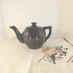 Almost Antique Hand Painted Moriage Brown Betty Redware Teapot with Wheat Design; Vintage Teapot, Hand Painted Teapot,Moriage Teapot,Redware