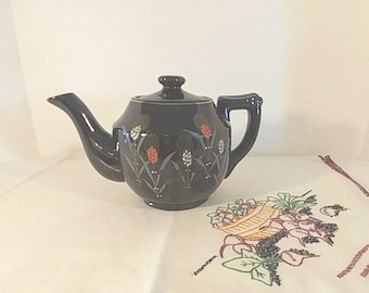 Almost Antique Hand Painted Moriage Brown Betty Redware Teapot with Wheat Design; Vintage Teapot, Hand Painted Teapot,Moriage Teapot,Redware