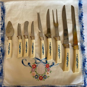 Sheffield Blue Cornflower Pattern Utensil Serving Carving Set, 9 Piece Set; Vintage Sheffield, England, Blue Cornflower, Nine Piece Set
