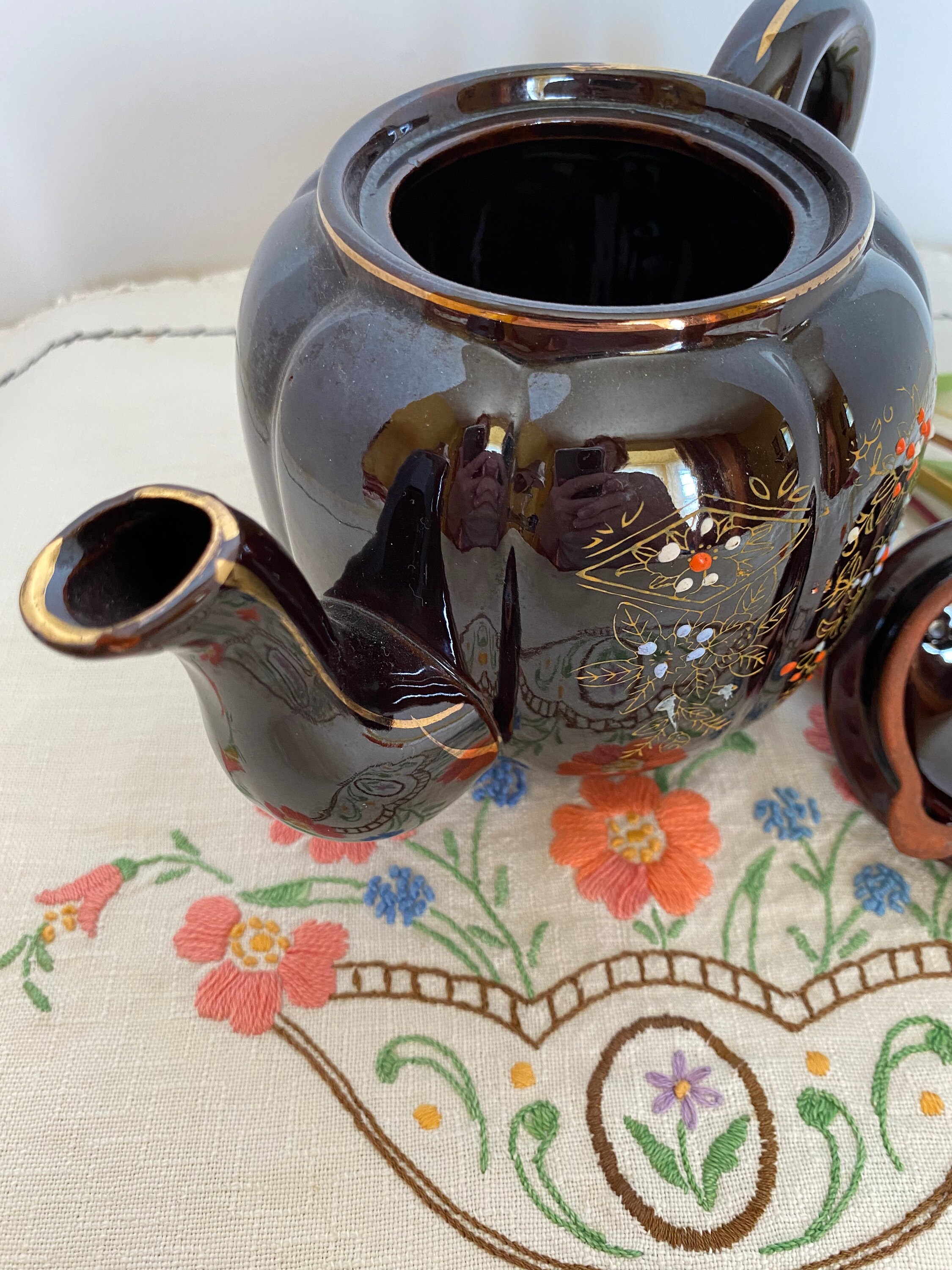 Pumpkin Shaped Redware Brown Betty Teapot With Moriage and Gold