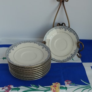 Noritake Charleston Pattern Saucer Plate; Vintage Noritake, Charleston Pattern, Saucer, Blue Leaves Filigree, Platinum Trim - 9 Available