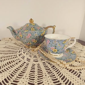 Stunning Sadler Sophie Chintz Sweetheart Petite Fleur Blue Full Size Teapot with Royal Cuthbertson Tea Cup and Saucer in Matching Print