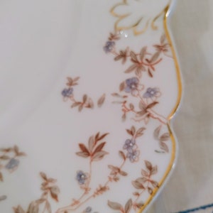 May include: A white porcelain plate with a scalloped edge and a gold trim. The plate is decorated with a delicate floral pattern in shades of brown and blue.