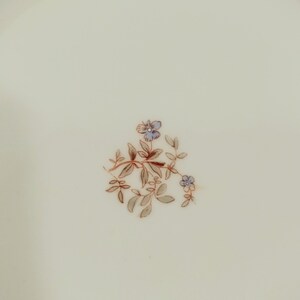 May include: A white ceramic plate with a delicate floral design in shades of brown and blue. The design features a small sprig of leaves and flowers.