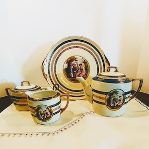 Thun Karlovarsky Porcelain Tea Set - 4 Piece Set with Lids, Teapot, Creamer, Covered Sugar, Handled Serving Plate; 1930s Porcelain Tea Set