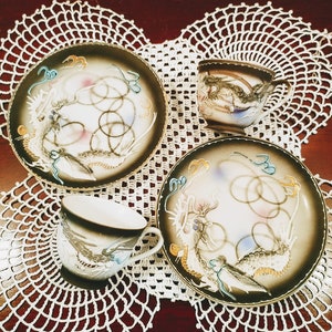 Vintage Dragonware Pedestal Cup and Saucer Set - Set of Two Sets; Vintage Dragonware, Hand Painted Moriage Tea Cups and Saucers, 4 Pc Set