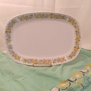 May include: A white oval serving platter with a floral border in shades of green, yellow, and blue. The border features a repeating pattern of small flowers and leaves.
