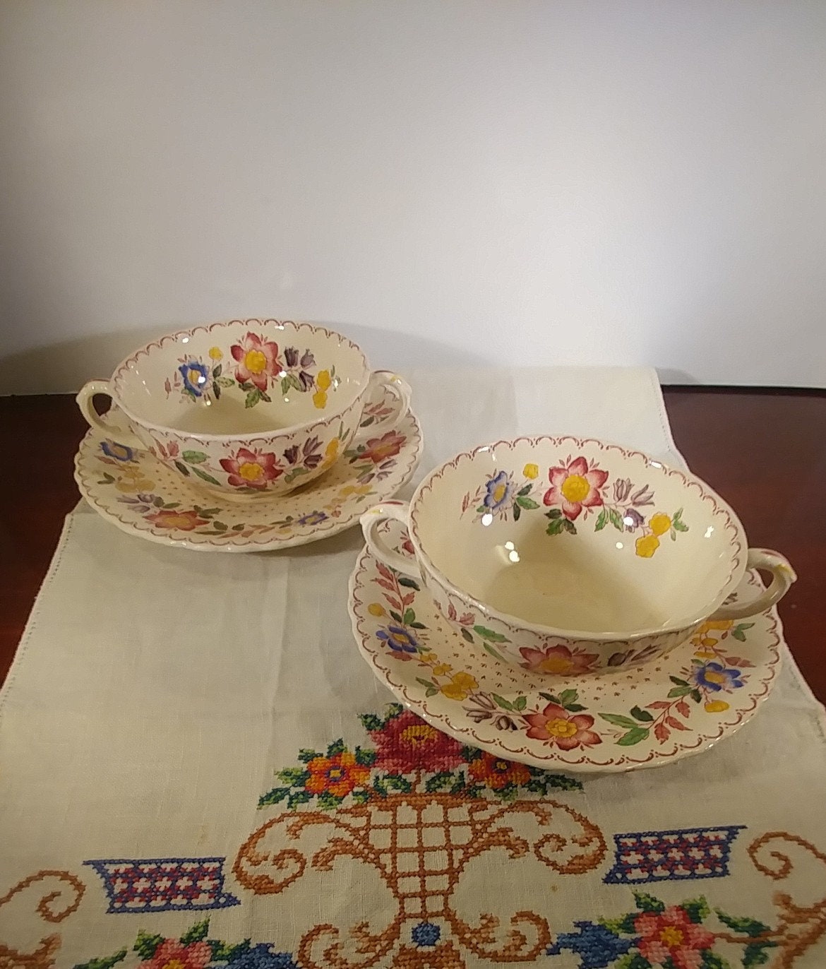 Mason's Ironstone Arbor Pattern Double Handled Soup Consomme Bowls with Matching Underplate - Set of Two Matching Sets; Vintage Dinnerware