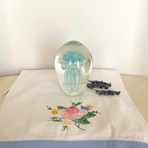 Vintage Huge Glass Paperweight with Blue Jellyfish Pattern By JL; Vintage Paperweight, Glass Paperweight, Blue Glass Jellyfish Paperweight
