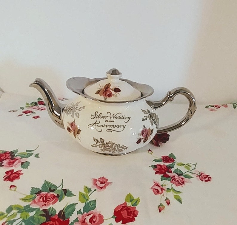 Silver Wedding Anniversary Teapot Vintage Teapot Full Size; Vintage Price Kensington Price Kensington Silver Wedding Anniversary Teapot