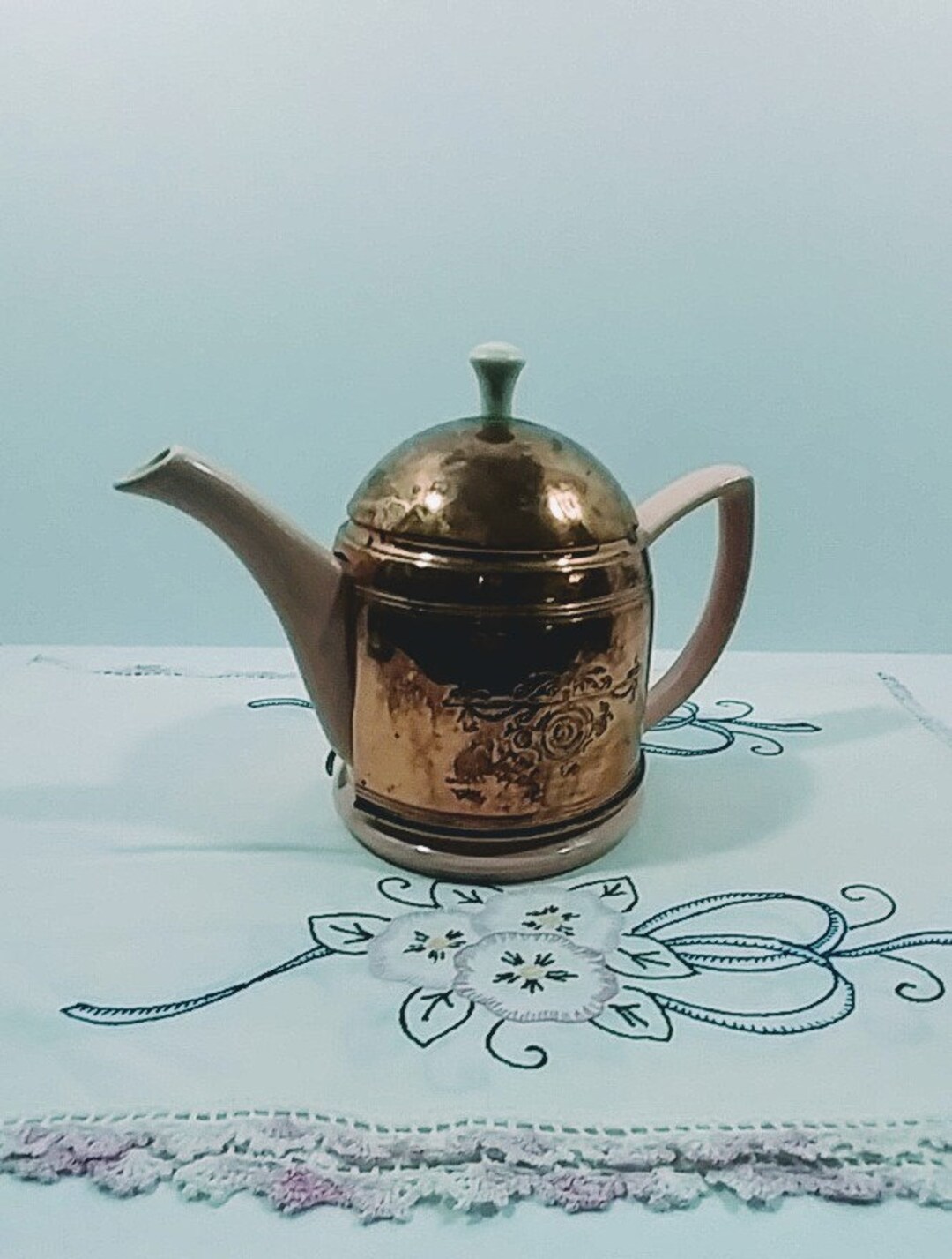 Vintage Hall China Teapot With Embossed Copper Cozy, Full Size Vintage