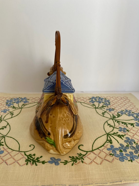 Reclining Camel Figural Teapot With Woven Rattan Handle, Vintage