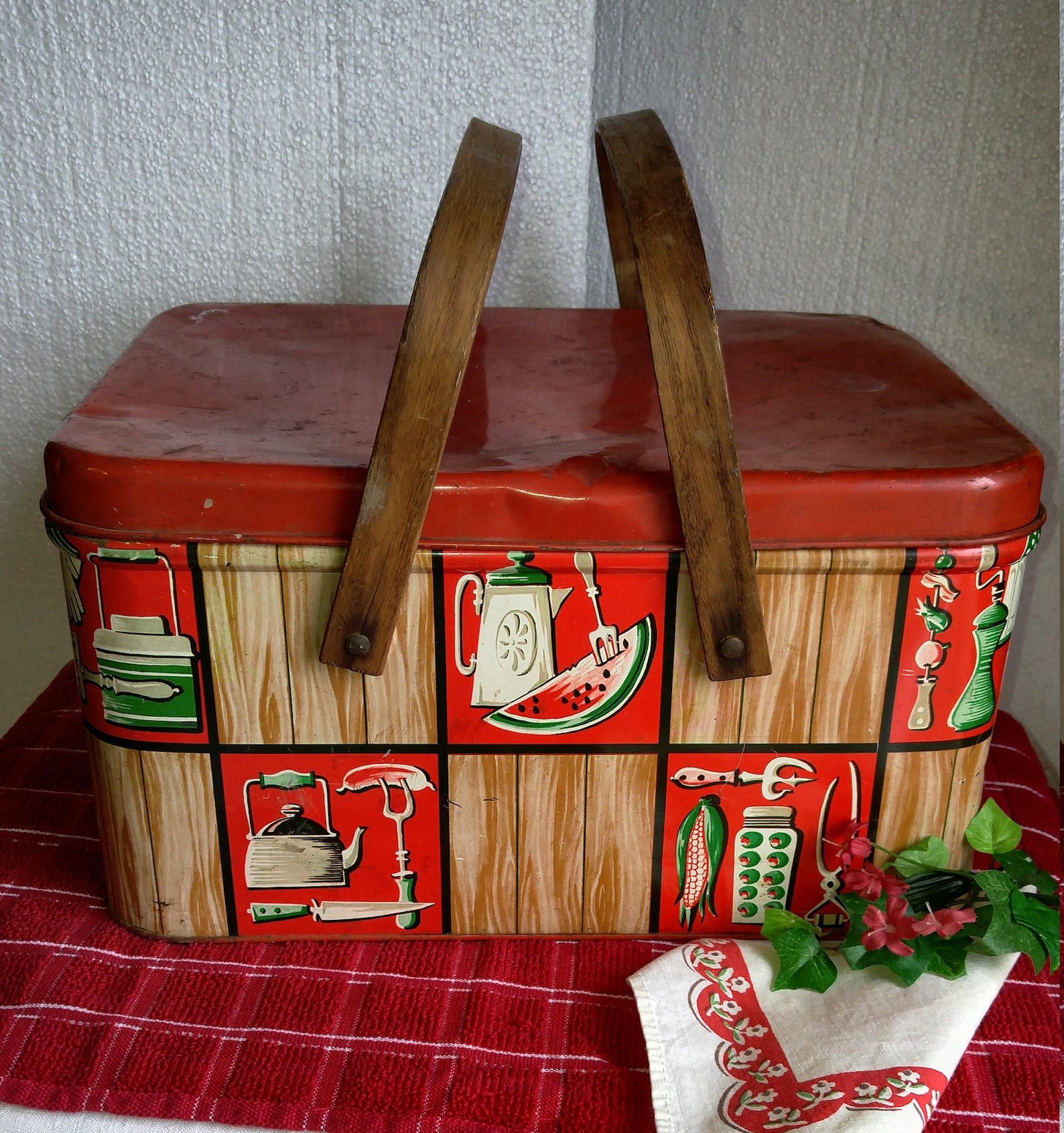 Kitchy Retro Metal Picnic Basket Hamper Vintage Decoware Red Etsy