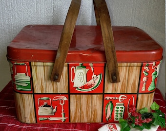 Kitchy Retro Metal Picnic Basket Hamper, Vintage Decoware Red and Brown Metal Picnic Basket, Picnic Hamper, Mid Century Retro