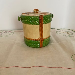 Tarro de galletas redondo con forma de barril, fabricado en Japón, de 1920 a 1940; Tarro de galletas vintage con tapa, pintado a mano, esmaltado a mano, tamaño grande