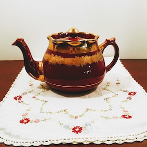 Arthur Wood England Burgundy Teapot with Gold Flowers and Embellishments, Full Size; Vintage Teapot, Arthur Wood, English Teapot, Full Size