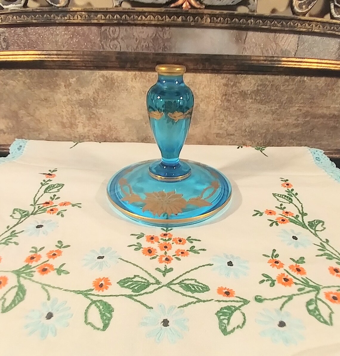 Antique Blue Bohemian Glass Candle Holder With Gold Floral Etsy