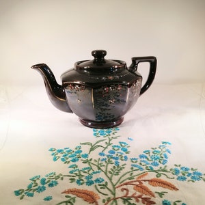 Rare Vintage Brown Betty Redware Personal Size Teapot with Hand Painted Moriage and Gold Details; Vintage Teapot, Personal Size, Redware