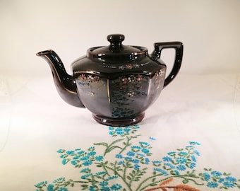 Rare Vintage Brown Betty Redware Personal Size Teapot with Hand Painted Moriage and Gold Details; Vintage Teapot, Personal Size, Redware