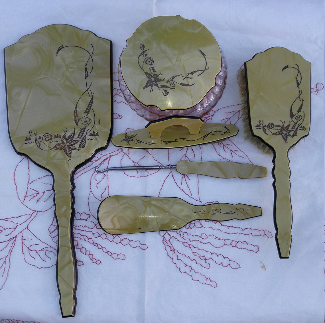 Pyralin Design Vintage Art Deco Pyralin Celluloid Lady's Vanity Set, 6 Pieces, Mirror ...