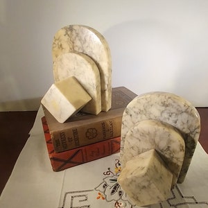 Vintage Art Deco Style Marble Bookend Set - Set of 2 Matching Bookends, Hand Carved, Hand Polished; Vintage Marble Bookend Set