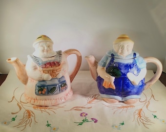 Granny and Grandpa Farm Couple Teapots, Large Size, Display Teapots; Vintage Teapots, Display Teapots, Farmhouse Style Teapots