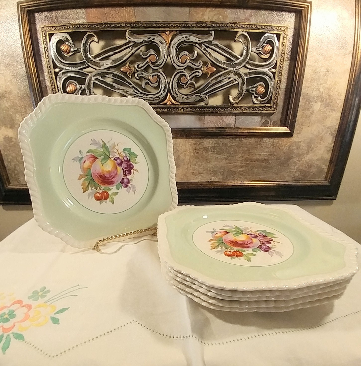 Johnson Brothers England California Pattern Side Plates - Conjunto de 6 placas a juego; Vintage Johnson Bros, Patrón de frutas de California