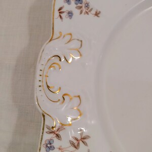 May include: White porcelain plate with a gold rim and floral design. The plate has a scalloped edge and a decorative handle.