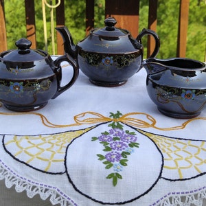 Vintage Moriage Japan Luster Ware Redware Tea Set for One; Vintage Moriage Tea Set, Vintage Luster Ware Tea Set, Luster Tea Pot Set