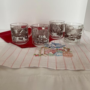 Currier & Ives Patterned Winter Scenes Patterns Glass Handled Mugs - Set of 4; Vintage Glass Mugs, Currier and Ives, Winter Scenes
