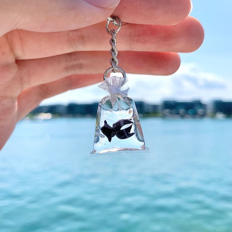 Goldfish Koi Fish in Bag Resin Keychain Black Moor Goldfish