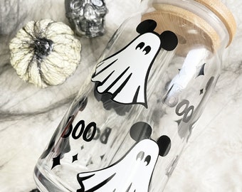 Spooky Ghosts Glass Can: Halloween Iced Coffee Mug (16 oz)