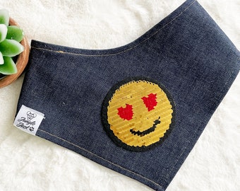 Smiley Face dog bandana | Custom Denim Dog Bandana | Groovy Pet Bandana | Patch Dog bandana